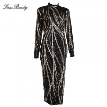 Glittering Womens Turtleneck Long Sleeve Sequin Maxi Bodycon Dress Elegant Stretch Geometrical Foil Black Gold Silver